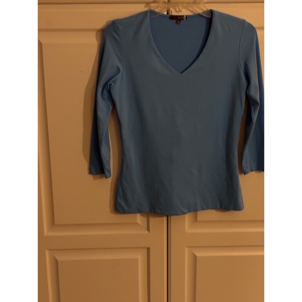 Judy P Womens Blue V-Neck 3/4 Sleeve Microfiber Stretch Top Size XS Made in USA
